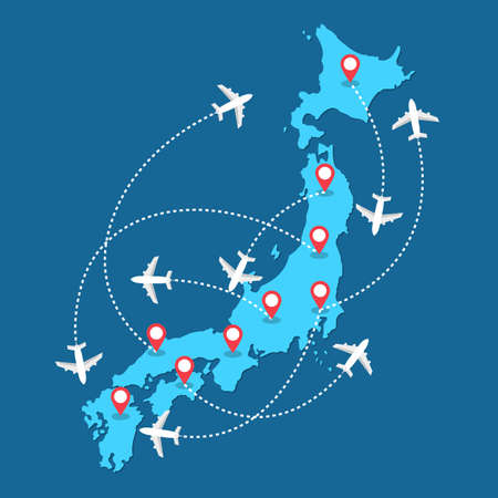 Planes routes flying over Japan map, tourism and travel concept Illustrationsのイラスト素材