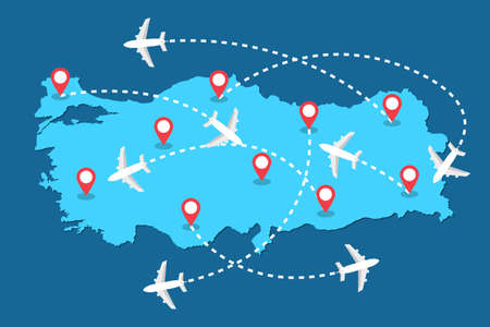 Planes routes flying over Turkey map, tourism and travel concept Illustrationsのイラスト素材
