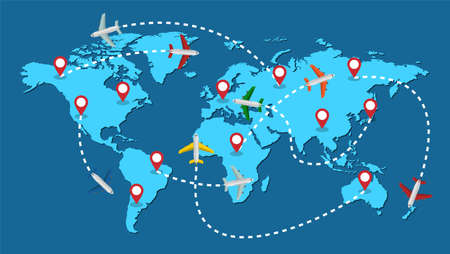 Planes routes flying over world map, tourism and travel concept Illustrationsのイラスト素材
