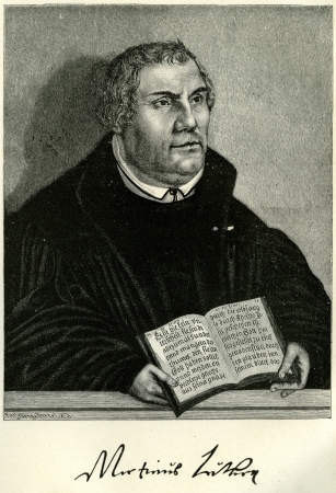 Portrait of Martin Luther, the German Reformer, holding a Bible open at the Epistle to the Romans. Original illustration  in "Martin Luther" by Gustav Freytag, published by The Open Court Publishing Company, 1897のeditorial素材