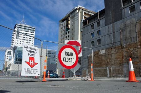 CHRISTCHURCH, NEW ZEALAND, NOVEMBER 3, 2012 - Signage directs people to an assembly point if there's another earthquake in Christchurch, South Island, New Zealandのeditorial素材