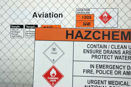 Hazardous liquid signs near an aviation fuel の写真素材