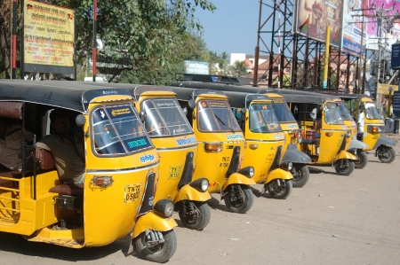 TAMIL NADU, INDIA, circa 2009: Three-wheel taxis wait for customers, circa 2009 in Tirunelveli,...