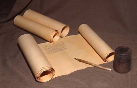 Ancient parchment scroll with Greek writingの写真素材