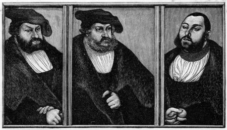 A triptych of the last three Saxon Electors, from left, John the Constant, Frederick the Wise and Johnâs son, John Frederick the Magnanimous;  from a painting by Cranach published in Life of Luther by Julius Kostlin, 1900のeditorial素材