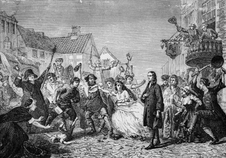 John Wesley in the midst of the riots of 1743 in Wednesbury, England,when local people tried to force him to stop preaching to new converts to Methodism, engraving from Selections from the Journal of John Wesley, 1891のeditorial素材