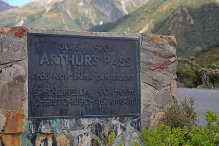 Signage at the highest point of the Arthurs Pass Road, West Coast, South Island, New Zealand の写真素材