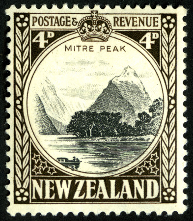 Mitre Peak, Milford Sound, Fiordland, New Zealand featured on 1935 4 pence stampのeditorial素材