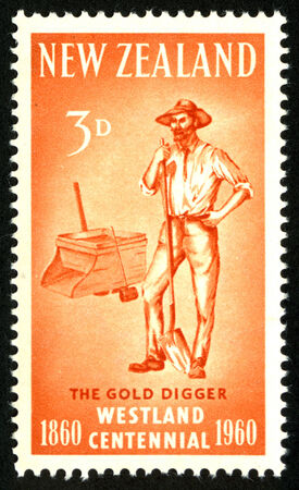 1960 three pence New Zealand stamp featuring a West Coast gold prospector for the Westland Centennial のeditorial素材