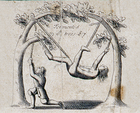 Illustration from a 1583 edition of Foxe's Book of Martyrs, showing Papists torturing Protestants, in this case by being torn apart by trees.のeditorial素材