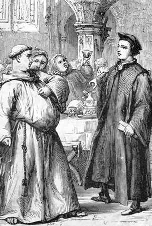 Line drawing of William Tyndale (right) making his famous statement to a fat friar that the plowboy will soon know more of the scriptures than the Roman clergy. Tyndale went on to translate the first English New Testament from Greek texts.のeditorial素材