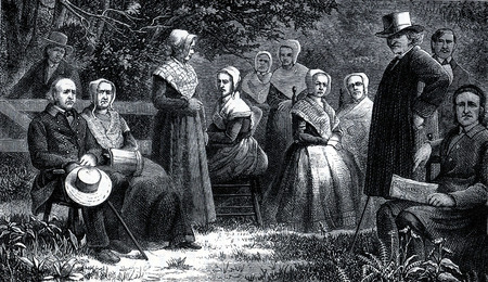 Shaker men and women in traditional costumes in 19th Century USA, engraving from The Communistic Societies of the United States, by Charles Nordoff, 1875のeditorial素材
