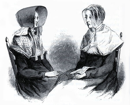 Shaker women in traditional costumes in 19th Century USA, engraving from The Communistic Societies of the United States, by Charles Nordoff, 1875のeditorial素材