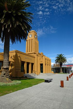 Westport's iconic clock tower and council chambers building overlooks the town centre, West Coast, New Zealandのeditorial素材