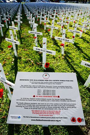CHRISTCHURCH, NEW ZEALAND, APRIL 20, 2018: A  field of crosses represents those who died in the...