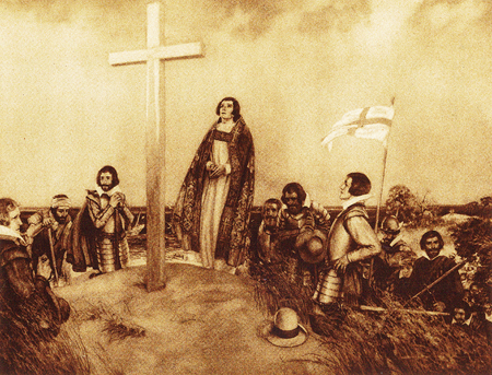 English colonists set up a cross at Jamestown, Virginia in 1607