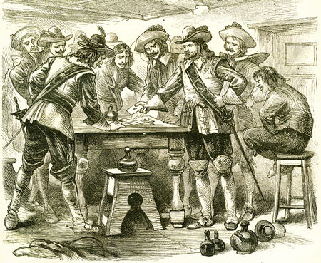 Engraving of nine muskateers gambling with cards at a tavern. From an original engraving in the Boys of England magazine 1894.のeditorial素材