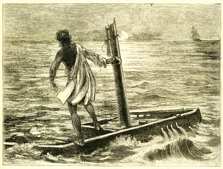 Engraving of a man cast adrift on a crude raft after a shipwreck. From an original engraving in the Boys of England magazine 1894.のeditorial素材