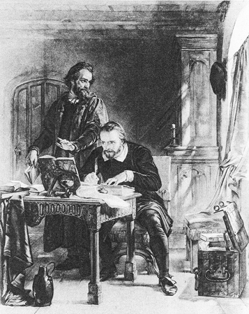 Miles Coverdale watches for the authorities while William Tyndale translate the Old Testamentのeditorial素材