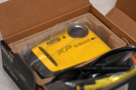 GREYMOUTH, NEW ZEALAND, DECEMBER 24, 2018: A new Fujifilm XP120 waterproof camera in its box with...