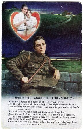 A World War One postcard featuring a verse of the poem When the Angelus is Ringing, one of three cards in the series.のeditorial素材