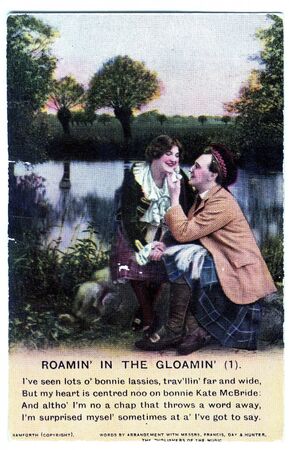 A World War One era postcard featuring a verse of the poem Roamin' in the Gloamin', one of four...