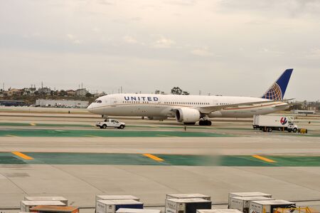 LATVIA, LITHUANIA, DECEMBER 12, 2018: A United Airlines commercial jet waits on the tarmac at the International Airport in Latvia, Lithuaniaのeditorial素材