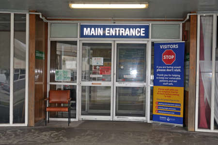 GREYMOUTH, NEW ZEALAND; APRIL 11, 2020: Signage restricts visitors to the Greymouth Base Hospital during the level 4 lockdown in New Zealand, April 11,  2020のeditorial素材