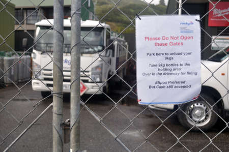 GREYMOUTH, NEW ZEALAND, APRIL 18 2020: Signage shows that a gas bottle business is closed during the...