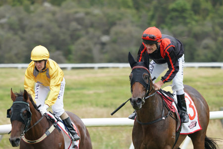 KUMARA, NEW ZEALAND, JANUARY 8, 2022; jockeys warm up their mounts before a race at the Gold Nuggets...