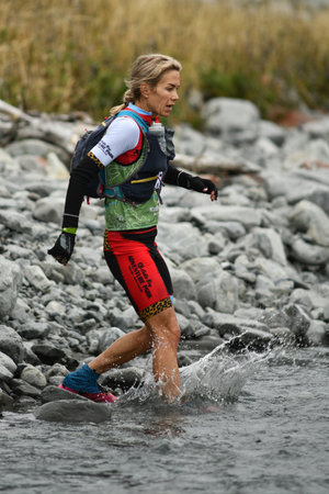 ARTHURS PASS, NEW ZEALAND, FEBRUARY 12, 2022; Elina Ussher of Finland running to win second place in...