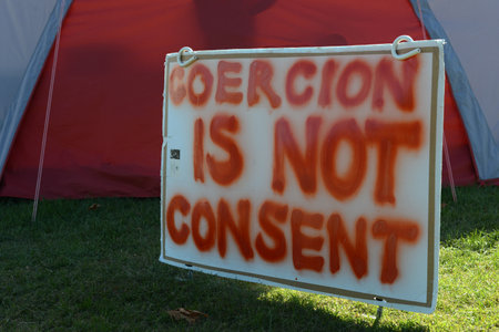 Christchurch, New Zealand, February 22, 2021: Signage at the Cranmer Square mandate protest in Christchurch. Activists pitched tents and occupied the square peacefully for several weeks.のeditorial素材