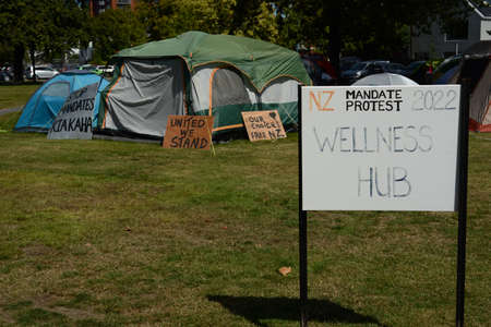 Christchurch, New Zealand, February 22, 2021: Signage at the Cranmer Square mandate protest in Christchurch. Activists pitched tents and occupied the square peacefully for several weeks.のeditorial素材