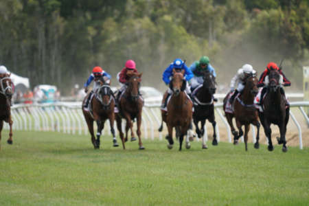 Jockeys ride their mounts hard to the finish line in a race at a country race meeting. Deliberate blur to create a background image.の写真素材