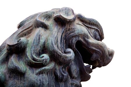 Lion statue isolated on white,  Yasaka Shrine, Kyotoの写真素材