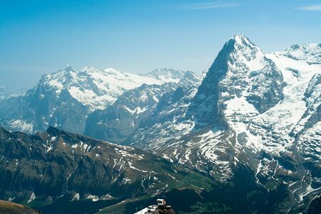 Eiger and Wetterhorn mountain peaks, view from Schildhorn, Switzerlandの写真素材