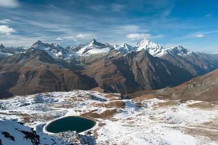 Panorama from Gronergrat with Obergabelhorn, Zinalrothorn and Weisshorn mountain peaks, Zermatt, Switzerlandの写真素材