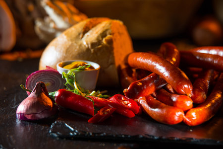 Sausages with bread and mustardの写真素材