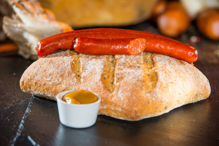 Sausages with bread and mustardの写真素材