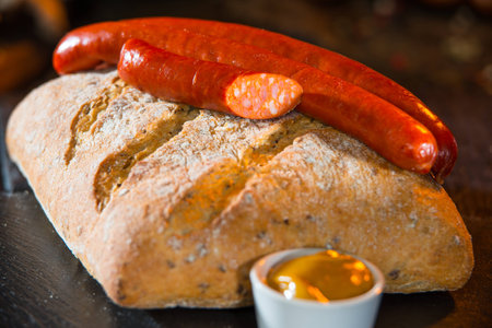 Sausages with bread and mustardの写真素材