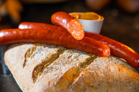 Sausages with bread and mustardの写真素材