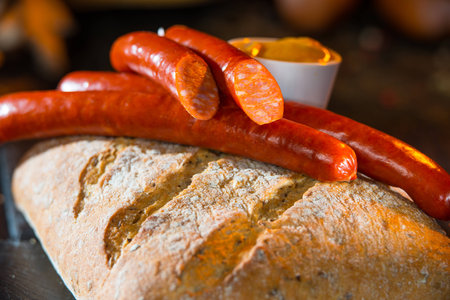 Sausages with bread and mustardの写真素材