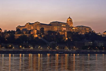 Hungarian Royal palace at night. Main point of interest in hungaryの写真素材