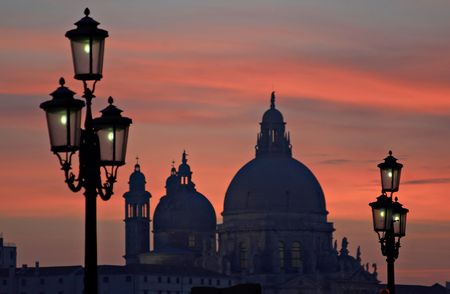 Venice view at night. In the background - church  St. Maria della Salute.