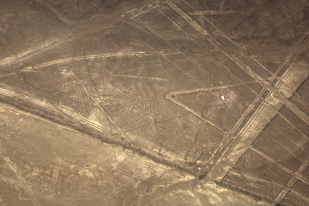 Aerial shot of the Spider Nazca Line in Nazca desert Peru. The lines were created by the Nazca People around 400AD and can only been seen from the airの写真素材