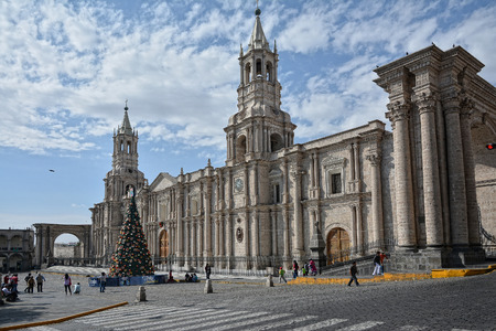 Main square "Plaza de Armas" with Cathedral in Arequipa, Peru.のeditorial素材