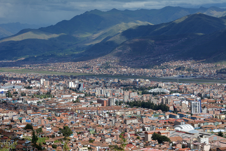 City of Cuzco in Peru, South America.Horizontal view with airport in valley.の写真素材