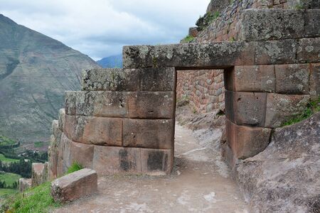 Inca archeological area of Pisac, Peru.Pisac is located on the long crest of a 3000m high mountain overlooking the southern end of the Urubamba Valley or Sacred Valley.の写真素材