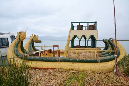 Reed boat near floating Island on Lake Titicaca Puno, Peru, South America.の写真素材