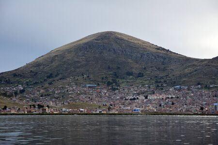 View of town Puna with  lake Titicaca at foreground, Peru.の写真素材